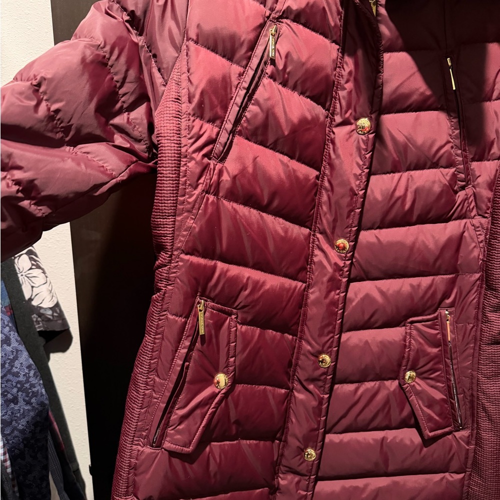 MICHAEL Michael Kors Burgundy Puffer Coat with Faux Fur Hood - Picture 3 of 9